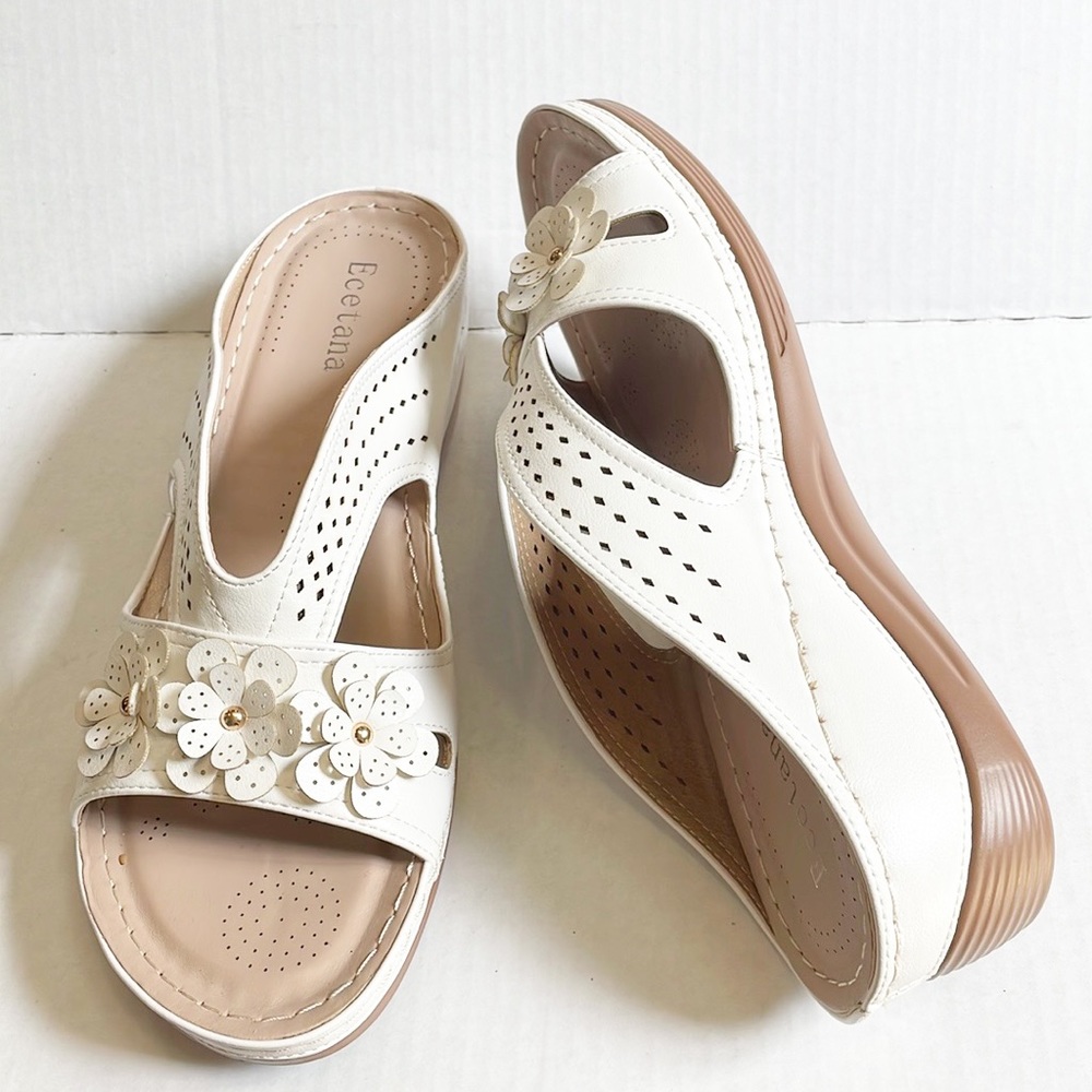 White and Cream Perforated Floral Sandals